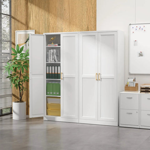 White Metal Pantry Cabinet 71 Inch Tall Kitchen Storage Organizer With Doors And Four Adjustable Shelves Two Gold Handles Perfect For Kitchen Pantry Living Room Bath Or Laundry
