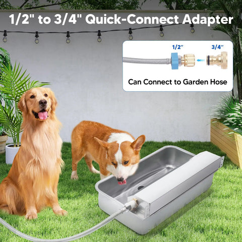 Top Tier Automatic Dog Water Dispenser 6 Liter Gravity Feeder with connected garden hose, ideal for thirsty dogs.