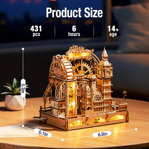 Illuminated Marble Run Puzzle Kit For Adults With LED Track And 431-Piece Laser-Cut Wood Build 3D Landmark Kinetic Puzzle