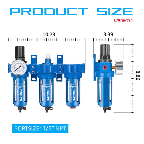Diagram showing Three-Stage Air System With Zinc Alloy Body, Built Tough, ideal for paint spray and plasma cutter, 1/2 NPT.