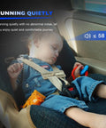 Sleeping baby in car seat demonstrating quiet environment with sound level meter showing less than 58 dB