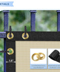 Close-up of zip ties securing a beige privacy fence screen with grommets on a black border, showing 1.5-inch spacing on a blue fence.