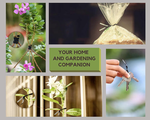 Collage of 5 Inch Twist Ties Pack Of 100 Black Plastic Coated Reusable Tie Wraps in use for gardening and bag sealing