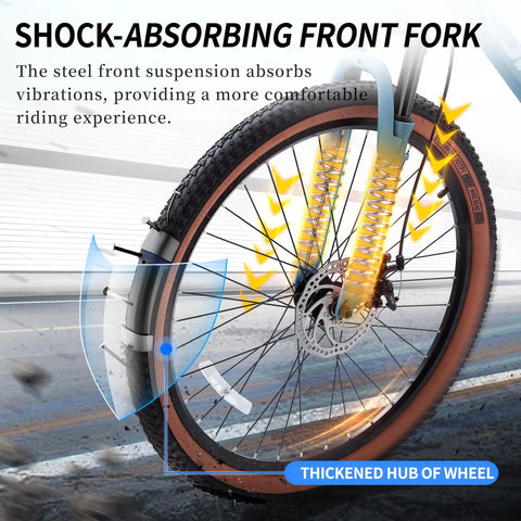 Shock-absorbing front fork of Kids Mountain Bike For Boys And Girls 24 Or 26 Inch With 21 Speeds, Suspension Fork, Disc Brakes.