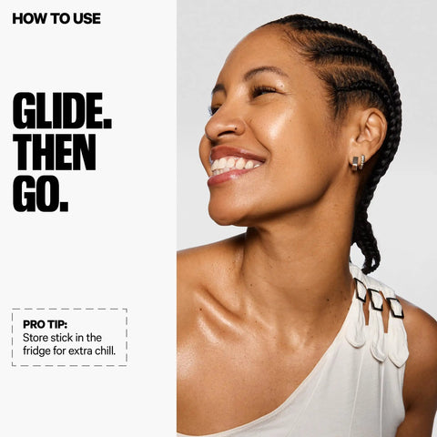 Cooling Under Eye Gel Stick Slays Puffiness With Caffeine And Seawater For An Instant Wake Up Vibe Hydrates Tired Skin With Clean Vegan Essentials Perfect Travel Friendly Pick Me Up Skincare Game Changer shown on a smiling woman with braids.