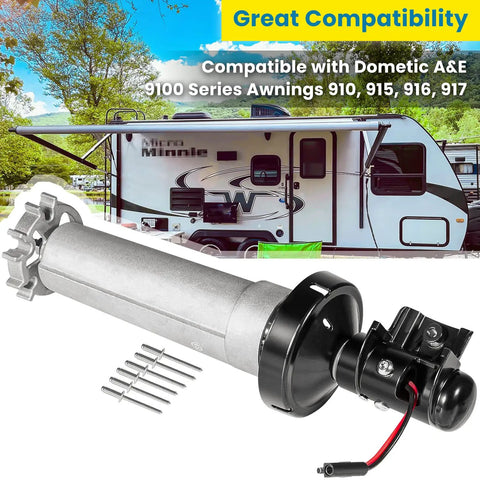 Rock Solid Right Hand Torsion Assembly For Power Patio RV Awning Motor 12V DC Extension Drive Black Drop In Replacement with components.