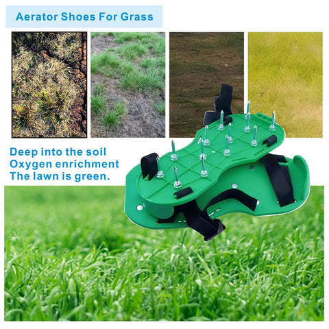 Upgraded Lawn Aerator Shoes With 26 Stainless Steel Spikes For Easy Yard Aeration shown on lush green grass.