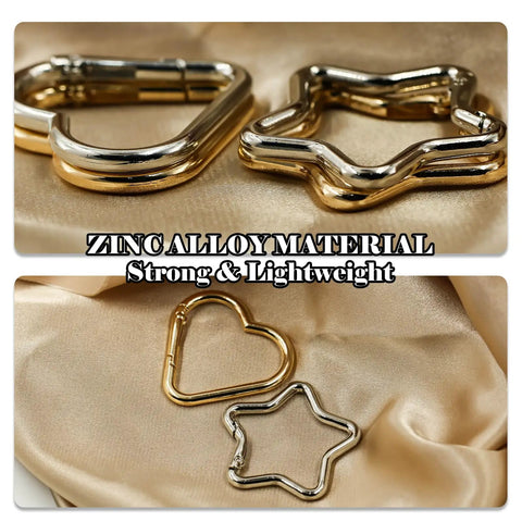 Four Piece Heart And Star Carabiner Keychain Clips In Gold And Silver Durable Alloy For Crafts Bags And Charms With Smooth Spring Loaded One Handed Opening.