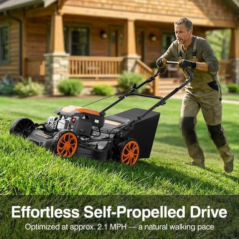 Man using 21 Inch Self Propelled Gas Lawn Mower With 170cc Engine 4 In 1 Mulch Bag Side And Rear Discharge Foldable Design.
