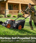 21 Inch Self Propelled Gas Lawn Mower With 170cc 4 Stroke OHV Engine Walk Behind For Thick Grass Fuel Efficient Power Easy Start Durable Construction Ideal For Home Yards And Small To Medium Lawns, man mowing lawn