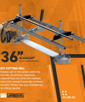 Granberg 36-inch Alaskan MKIV Chainsaw Mill with rails and mounted chainsaw, front view.