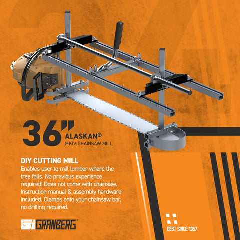 Granberg 36-inch Alaskan MKIV Chainsaw Mill with rails and mounted chainsaw, front view.