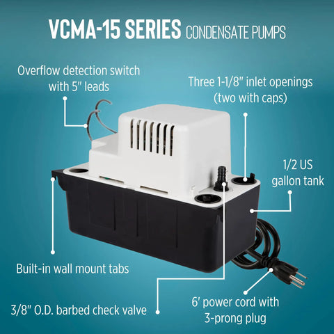 Automatic Condensate Pump For HVAC And Dehumidifiers With Overflow Detection 115 Volt One Fiftieth Horsepower 65 GPH 20 Foot Tubing