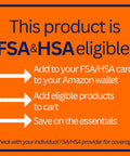Orange FSA/HSA eligibility sign with blue border, three white arrows and text about adding to FSA/HSA card and cart.