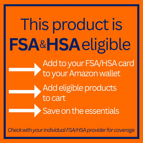 Orange FSA/HSA eligibility sign with blue border, three white arrows and text about adding to FSA/HSA card and cart.
