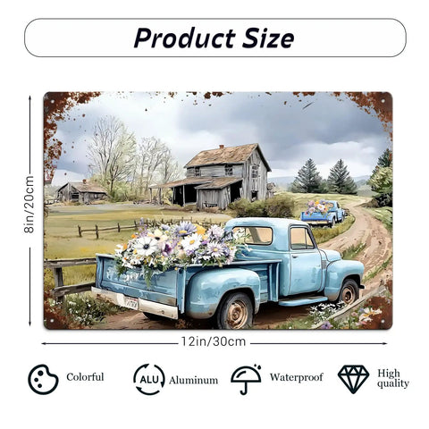 Vintage Blue Farm Truck Metal Tin Sign Rustic Country Farmhouse Wall Decor Floral Old Pickup Scene Retro Plaque For Garage Barn Decor 12x8 Inch Garden Style