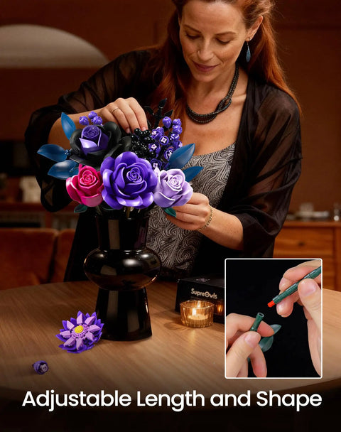 Purple Rose Bouquet Building Kit For Adults And Women, Lifelike 12 Piece Floral Set For Gothic Modern Home Decor, Ideal Mothers Day Gift For Mom Girlfriend Wife, Office Table Centerpiece And Cozy Room Accent displayed in black vase