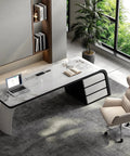 Slick Oversized L Shaped Home Office Desk With Solid Wood Base And Deep Storage Drawers Large Rock Board Top, modern angle view.