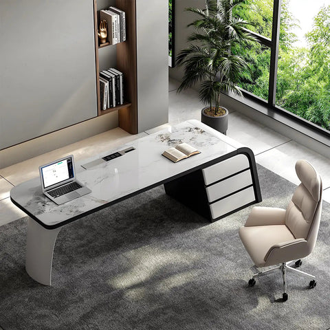 Slick Oversized L Shaped Home Office Desk With Solid Wood Base And Deep Storage Drawers Large Rock Board Top, modern angle view.