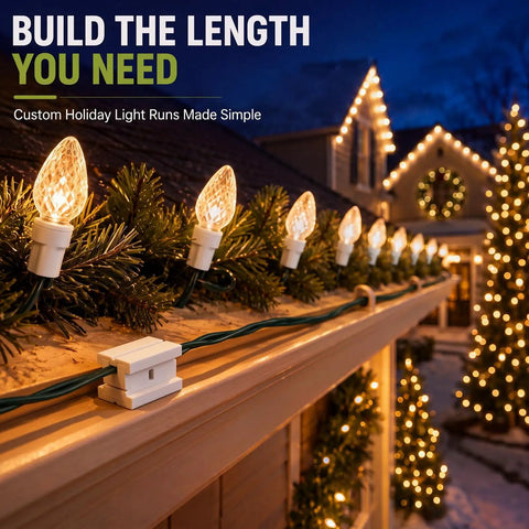 Badass 50 Pack Of Spt-1 Vampire Plugs For Christmas Light Wire Connectors And Diy Splice Cords Indoors Or Outdoors Powers Up String Lights With Zero Hassle In Bright White on a decorated house roof.