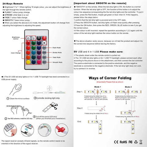 Instructions for 6.56 Feet Battery Powered LED Strip Lights For Indoor And Outdoor Use Waterproof With 24 Key Remote installation and use