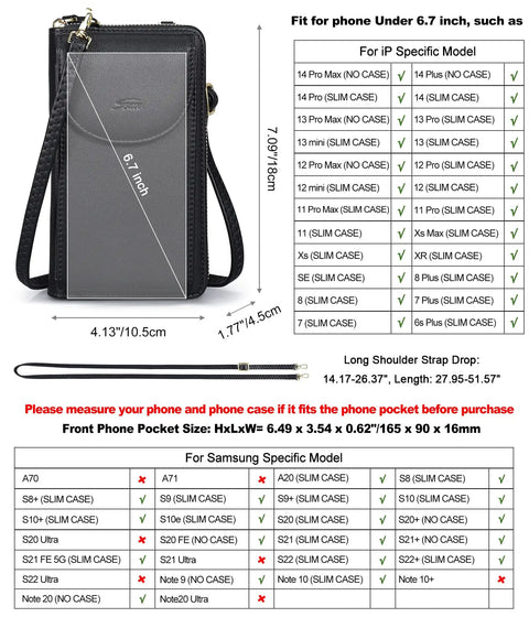 Small Crossbody Bag For Women With RFID Blocking Wallet And Card Slots, Phone Pouch, Size Chart, PU Leather, Model Compatibility