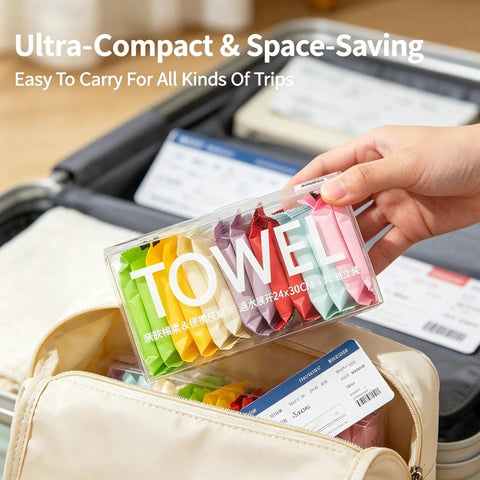 14 Pack Compressed Travel Towel Tablets Ultra Absorbent Water Activated Compact Cloth Dudes Swear By These Fast Expand Wipes For Camping Hiking And Road Trips in a travel bag.