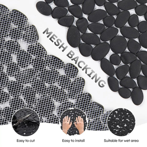 Black Oval Pebble Tile Kit For Shower Floor And Backsplash, 5 Sheets, Pebble Mosaic For Kitchen Bathroom Wall And Floor, Mesh Backing