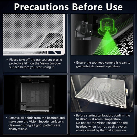 Vision Encoder Plate for Bambu Lab X2D 3D Printer with Sub-50 Micron Motion Accuracy, High-Density Marker Calibration Board, Dialed-In Direct Replacement Encoder for Pro-Grade Print Alignment and Wear Compensation, precautions guide