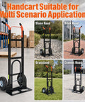 Heavy Duty 2 In 1 Hand Truck With 9 Inch Pneumatic Tires And 800 Pound Capacity Carbon Steel Moving Dolly on various terrains.