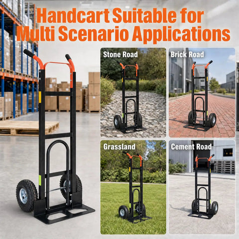Heavy Duty 2 In 1 Hand Truck With 9 Inch Pneumatic Tires And 800 Pound Capacity Carbon Steel Moving Dolly on various terrains.