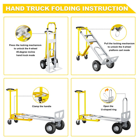 Heavy Duty 4 In 1 Convertible Hand Truck Dolly Cart with folding instructions and adjustable features for easy mutli-use