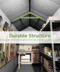 Interior of 4x6 Ft Resin Outdoor Storage Shed With Floor and Lockable Door showing tools, shelves, and workbench.