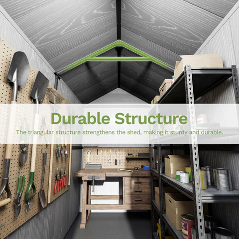 Interior of 4x6 Ft Resin Outdoor Storage Shed With Floor and Lockable Door showing tools, shelves, and workbench.