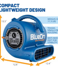 Storm 25 One Quarter HP 900 CFM Air Mover Blower for Water Damage Restoration with compact design and dimensions shown