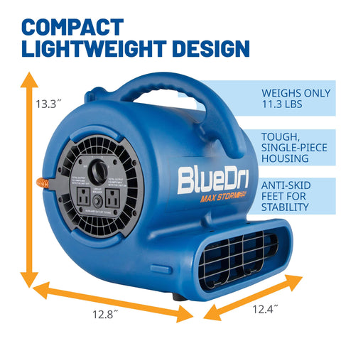 Storm 25 One Quarter HP 900 CFM Air Mover Blower for Water Damage Restoration with compact design and dimensions shown
