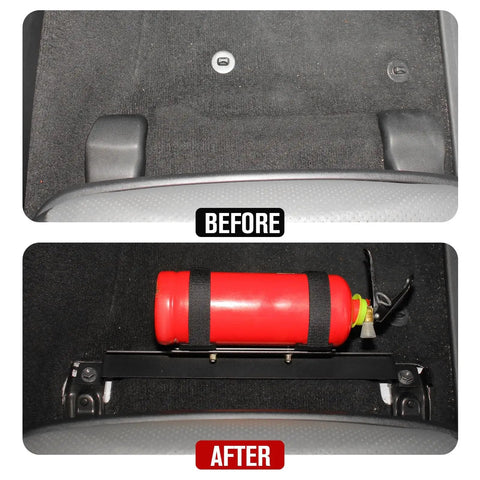 Under Front Seat Fire Extinguisher Bracket Mount For Toyota 4Runner 2010-2025 installed with extinguisher for easy access