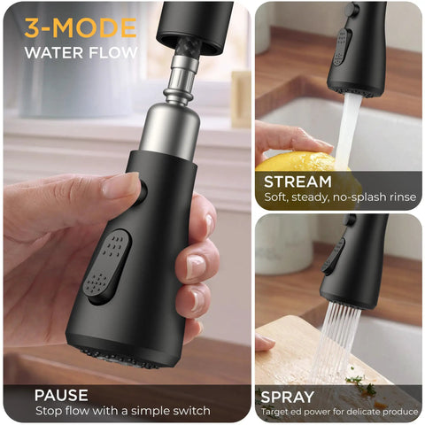 FORIOUS Black 2-Handle Kitchen Faucet, 3-Mode High Arc Pull Down Sprayer with hand controlling stream, spray, and pause functions.