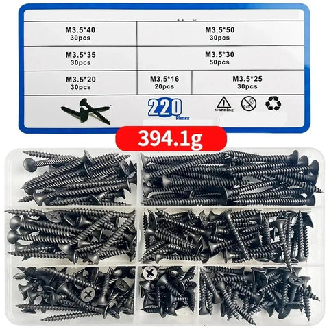 220 Piece Dang Tough Carbon Steel Phillips Pan Head Wood Screws Assortment Kit organized in a plastic container with label.