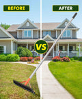 Must Have Thatch Rake For Lawns 18 Sharp Tempered Spring Steel Tines With 62.5 Inch Adjustable Stainless Steel Handle Heavy Duty Dethatching Rake For Dead Grass Yard Care Garden Lawn Maintenance shown in a before and after comparison on a lawn.