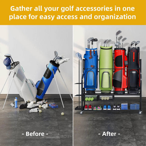 Golf Bag Storage Organizer With Wheels For Garage And Shed Holds Up To Four Bags 24 Clubs Drawer For Balls And Accessories