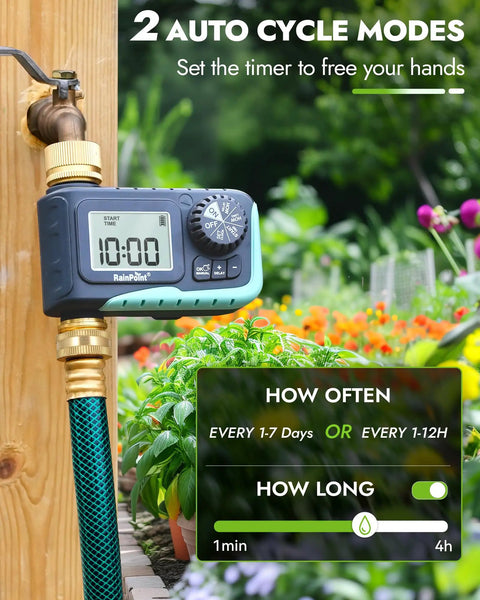 Brass Inlet And Outlet Sprinkler Timer With Rain Delay installed on garden hose with digital display and settings interface.