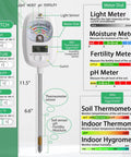 7 In 1 Soil Tester Kit with Dual LCD Readouts showing features and dimensions for pH, moisture, fertility, temperature, and humidity.