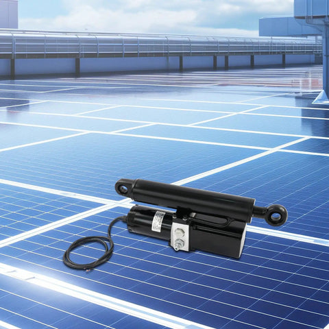 Tough As Nails DC 12V Hydraulic Motor Paired With A Heavy Duty Electric Linear Actuator on solar panels, ideal for workshop projects.