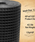 Rock-Solid Heavy-Duty Black Hardware Cloth Fencing roll showing 1/2 inch mesh, 48 in x 100 ft size, 19 gauge steel, for backyard projects.