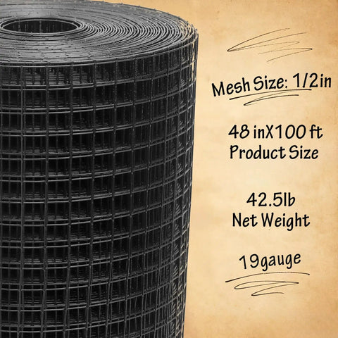 Rock-Solid Heavy-Duty Black Hardware Cloth Fencing roll showing 1/2 inch mesh, 48 in x 100 ft size, 19 gauge steel, for backyard projects.