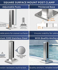 Square surface mount post clamp for No Sweat Install Frameless Glass Railing Kit, made of premium 2205 stainless steel.