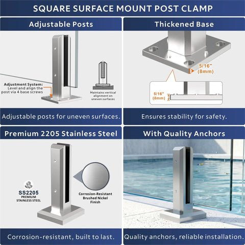 Square surface mount post clamp for No Sweat Install Frameless Glass Railing Kit, made of premium 2205 stainless steel.