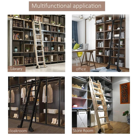 13 Foot Sliding Barn Door Hardware Kit With Rolling Ladder Track System No Ladder Round Tube Wheels And Extension Rail For Home Garage And Library Use in various room settings