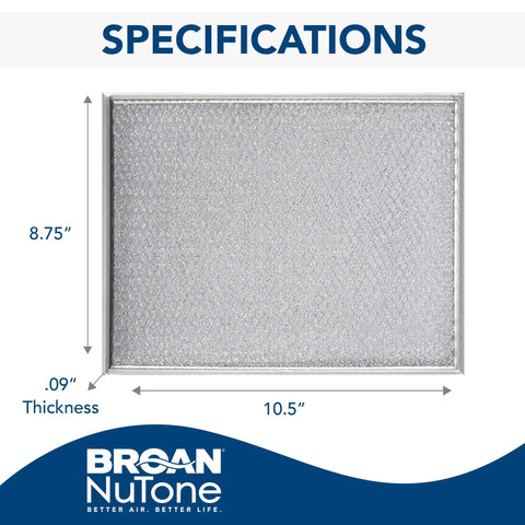 Replacement Aluminum Filter For 46000 42000 40000 F40000 BU2 BU3 Series Range Hoods showing specifications and dimensions